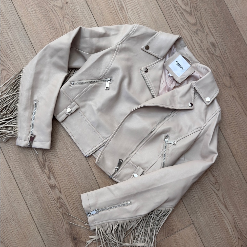 Copper Key Beige Leather Jacket with Fringe